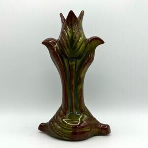 Vintage 1950s Tulip Vase with Variegated Brown and Dark Green Glaze